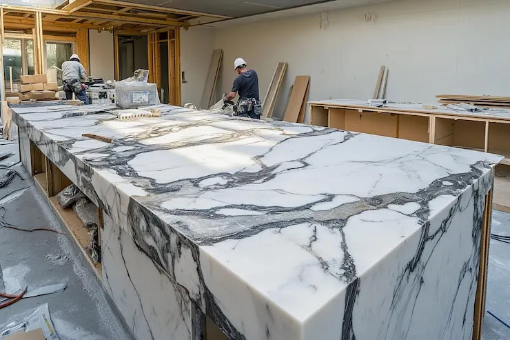 Mesada de mármol elaborada a medida en taller